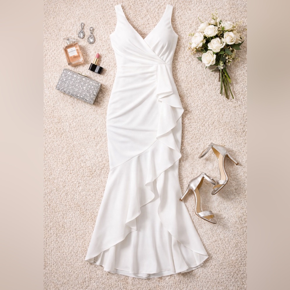 Betsy & Adam White Size 6 High Low Ruffle Gown NWT Wedding Formal Evening Dress